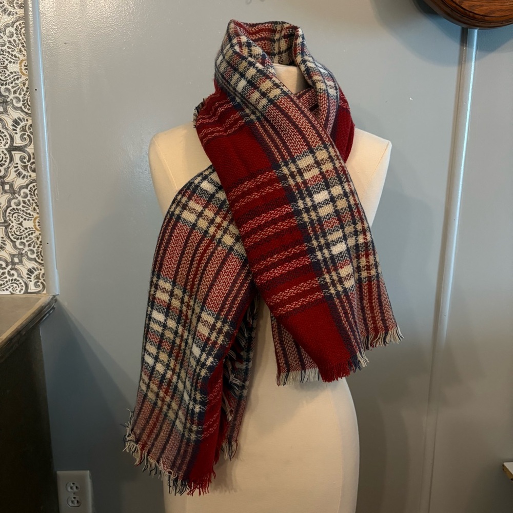 Red, White Blue Plaid Striped Oversized Blanket‎ Scarf, Fringed Edges
